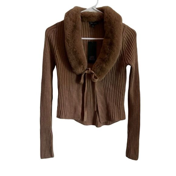 Wild Fable Ribbed Knit Faux Fur Collar Cardigan Sweater Top Brown Size XS NWT - Picture 1 of 9